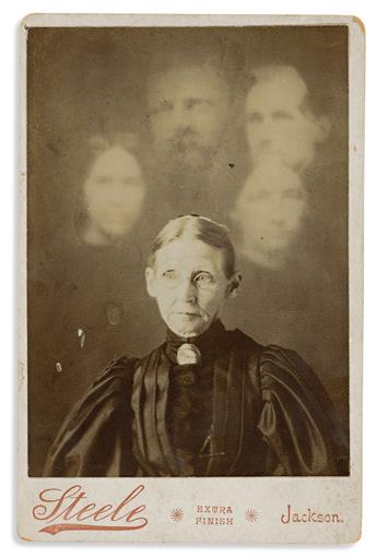 (SPIRITUALISM) Four spirit photograph cabinet cards depicting sitters among shrouds of floating photographic souls.